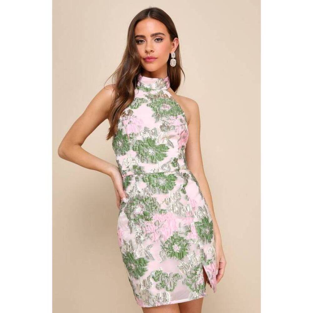 Lulus Pink Floral Jacquard Halter Mini Dress - Size M-derby party